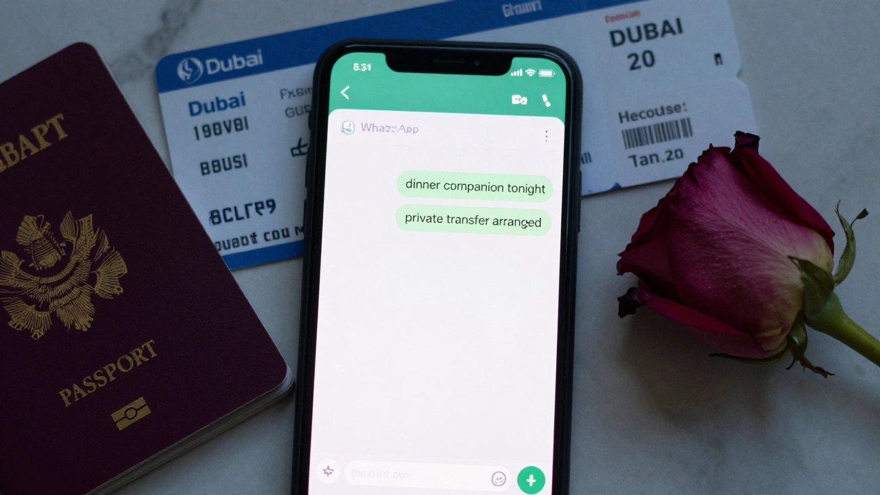 A phone displays coded WhatsApp messages about companionship, surrounded by a passport and plane ticket on a marble surface.