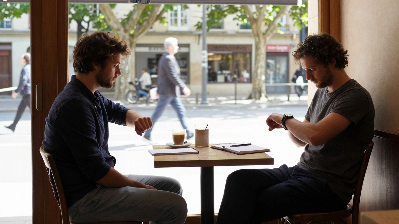 An empty chair in a Toulouse café beside a notebook and coffee, a man waiting alone as pedestrians pass outside.