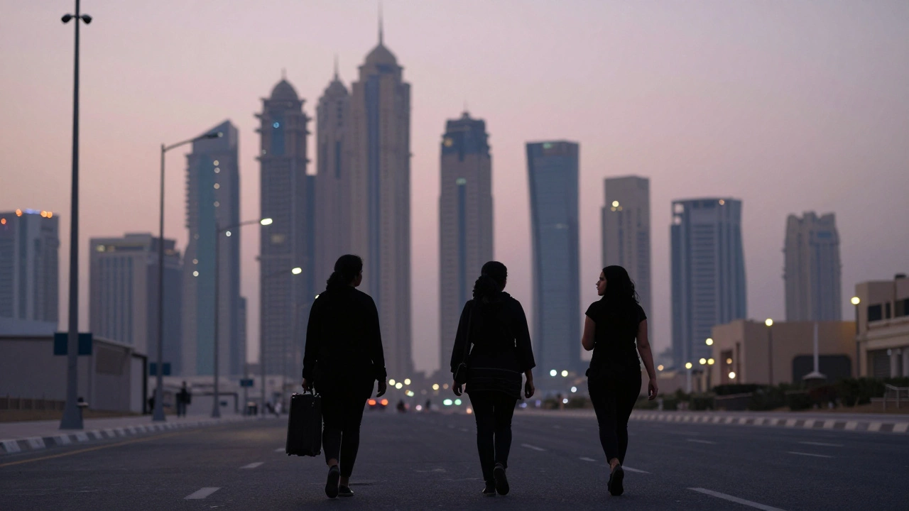 Three women walk away at dawn in Dubai, suitcases in hand, towering skyscrapers behind them under a pale sky.